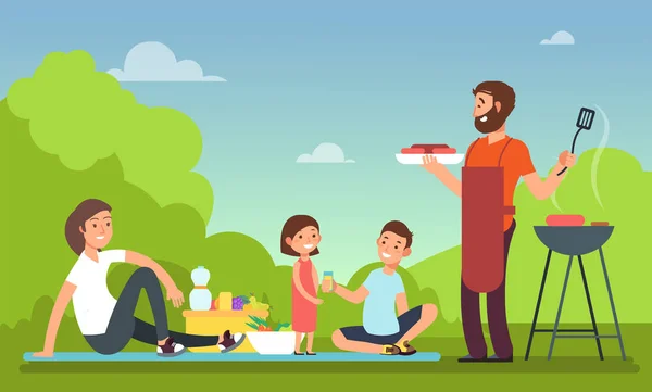 Family at summer picnic. People in bbq party eating food. Grill and barbeque outdoor vector concept