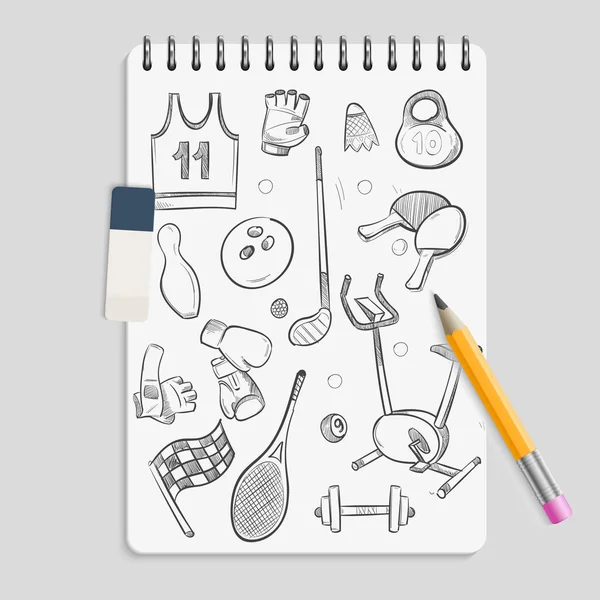 Doodle sport elements on realistic notebook