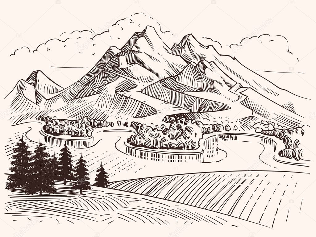 Ołówkiem Rysunek Krajobraz Górski Kreskówka Szkic Góry I