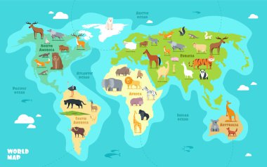 Cartoon world map with animals, oceans and continents. Funny geography for kids education vector illustration