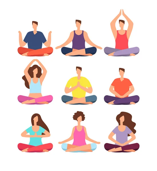 Meditation people. Woman and man meditating in group in yoga or pilates class. Isolated characters vector set