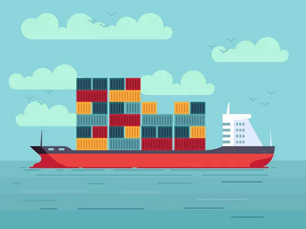 Cargo ship with containers in ocean or sea vector illustration