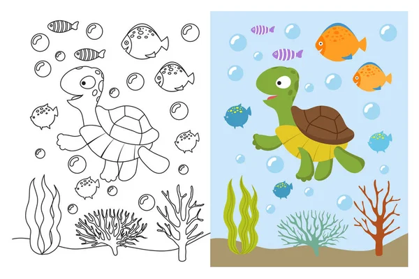 Turtle coloring pages. Cartoon swimming sea animals underwater. Vector illustration for kids coloring book