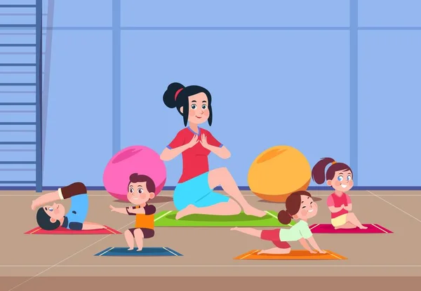 Kids in yoga class. Cartoon children with instructor doing yoga exercises in gym interior. Healthy lifestyle vector concept — Stock Illustration Kids in yoga class. Cartoon children with instructor doing yoga exercises in gym interior. Healthy lifestyle vector concept Stock Vector
