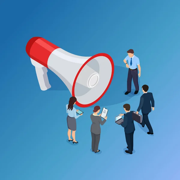 Business people are waiting for announcement isometric vector concept. Women, men and 3d megaphone illustration