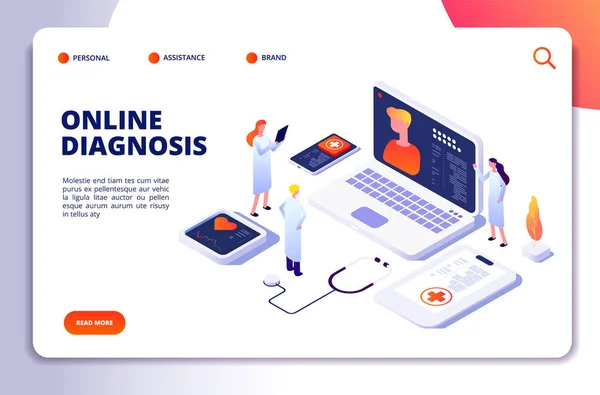 Medical isometric concept. Diagnosis with online patient and doctor, tele medicine exam. Healthcare vector landing page