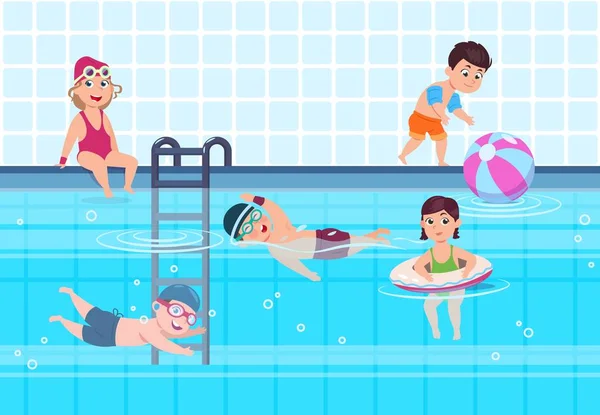 Kids in swimming pool. Boys and girls in swimwear play and swim in water. Happy childhood vector summer concept