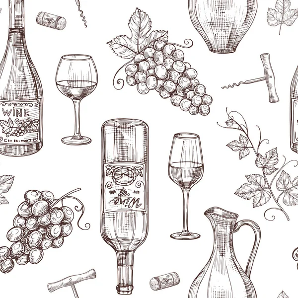 Sketch wine seamless pattern. Wine bottles wineglass corkscrew and grape. Winery, restaurant vector menu texture