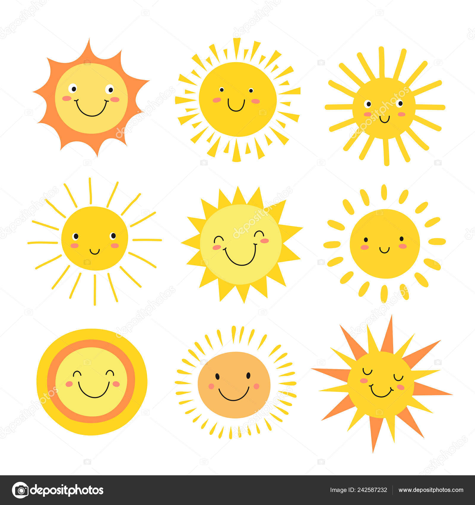 Sun Emoji Funny Summer Sunshine Sun Baby Happy Morning Emoticons Cartoon Sunny Smiling Faces Vector Icons Vector Image By C Microone Vector Stock 242587232