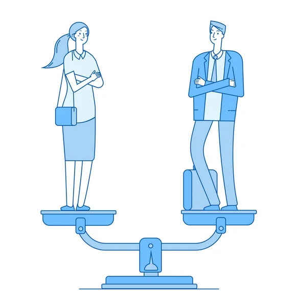 Gender equality. Man and woman on scale in balance. Women rights gender equal employment feminism vector line business vector concept
