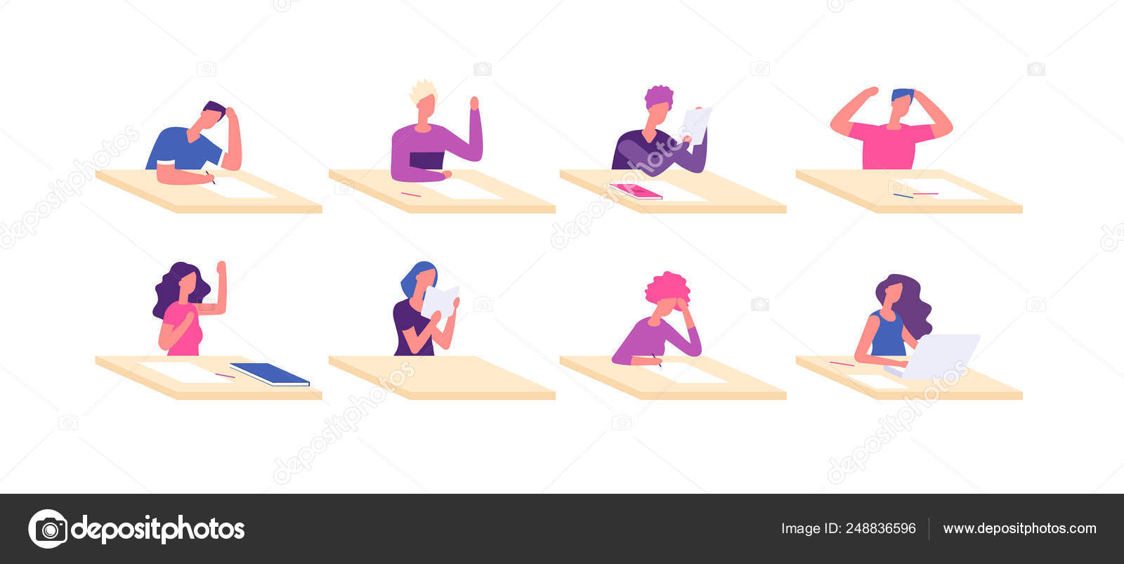 Student At Desks Young Boy Girl Sitting Desk Pupil Teenagers At