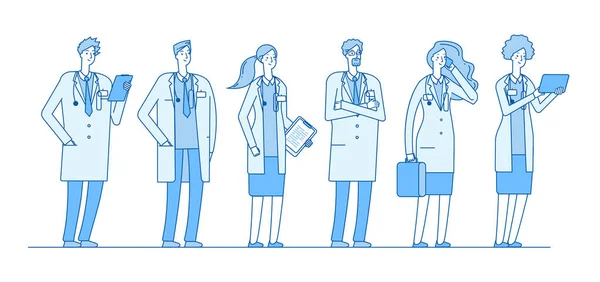 Doctors group. Doctor medicine workers people surgeon nurse pharmacist standing group linear flat healthcare hospital vector concept