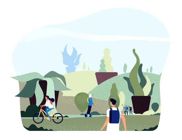 People in city park. Free green giant plants persons walk ride bike in eco urban summer spring garden healthy lifestyle vector concept