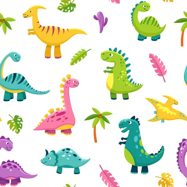 Dinosaur seamless pattern. Cartoon cute baby dino funny monsters jurassic wild animals dragon dinosaurs vector kids textile art