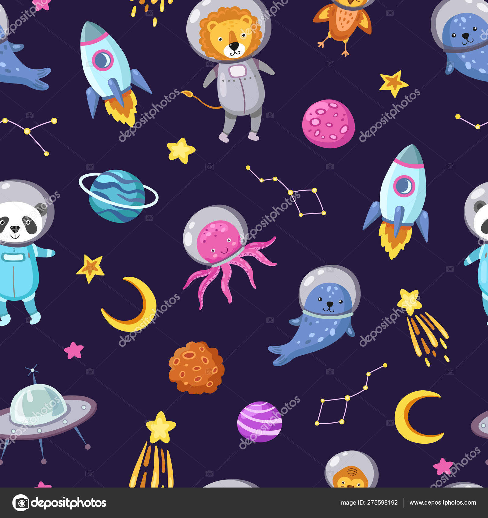 Space Animals Pattern Cute Baby Animal Astronauts Flying Kid Pets
