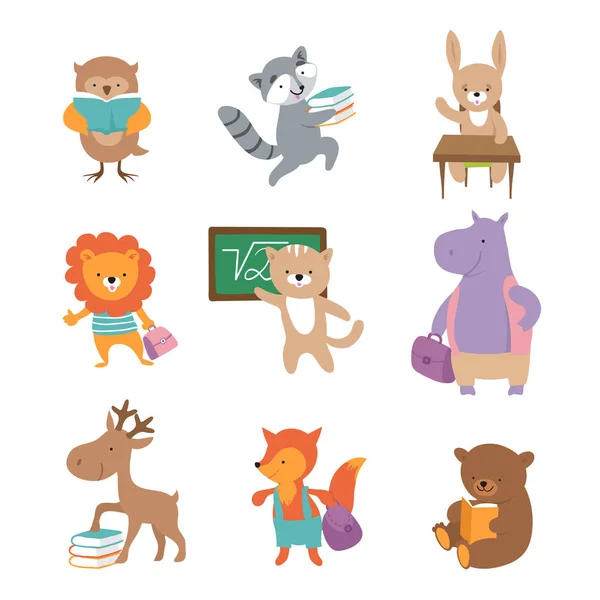 Cute school animals. Bear raccoon lion hare hippo fox, pupils with books and backpacks. Back to school vector characters