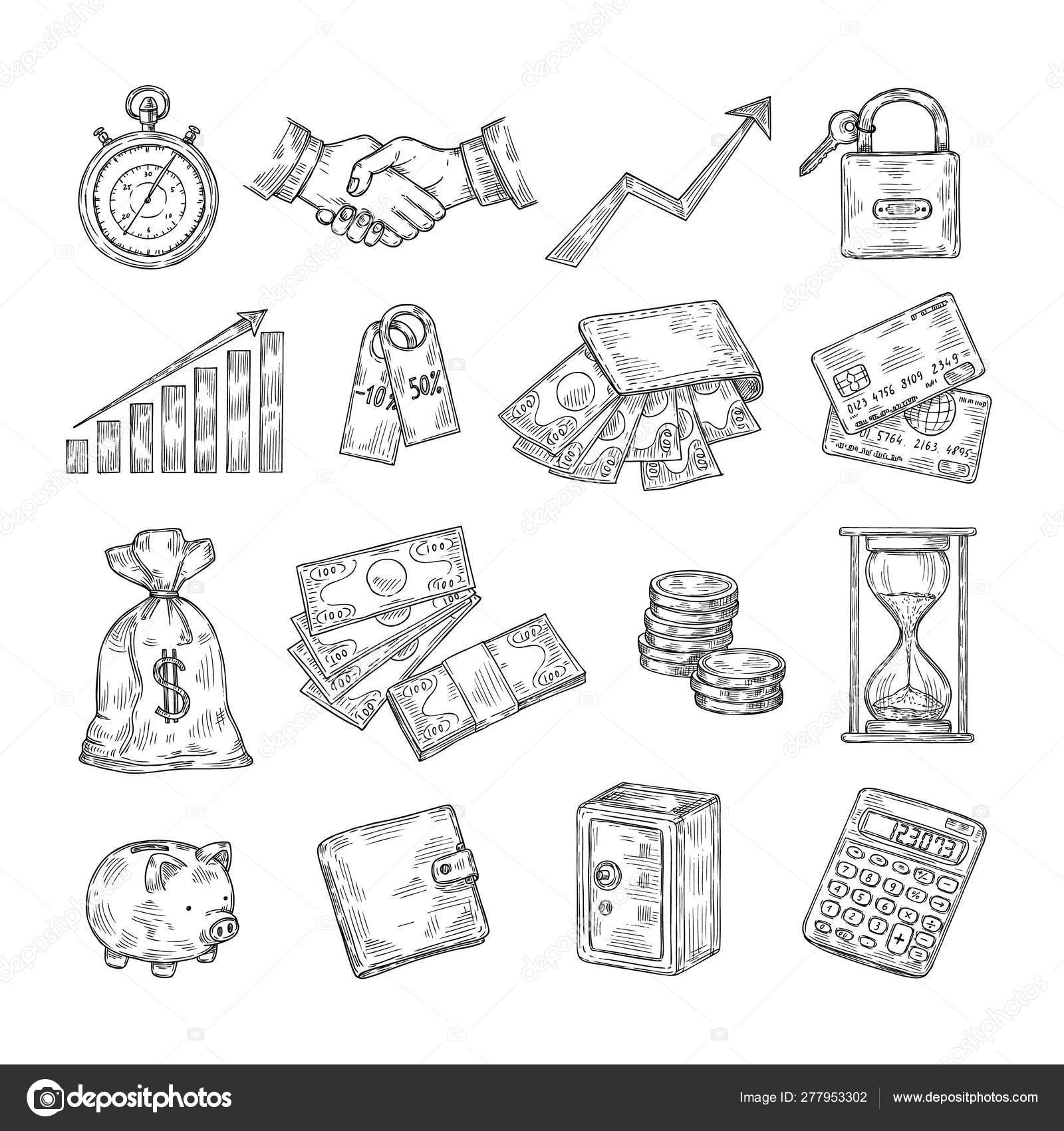 Sketch Money Hand Drawn Coin Pile Piggy Bank !   Credit Cards - 