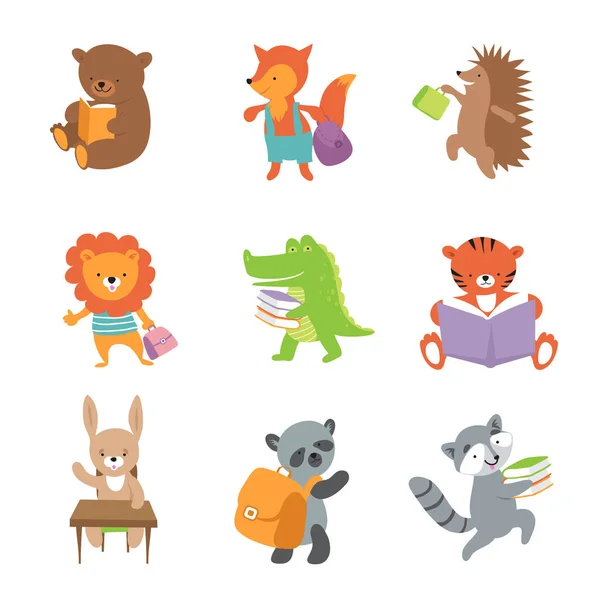 Cute school animals. Bear and fox, lion and crocodile, tiger and panda. Vector school baby animals set