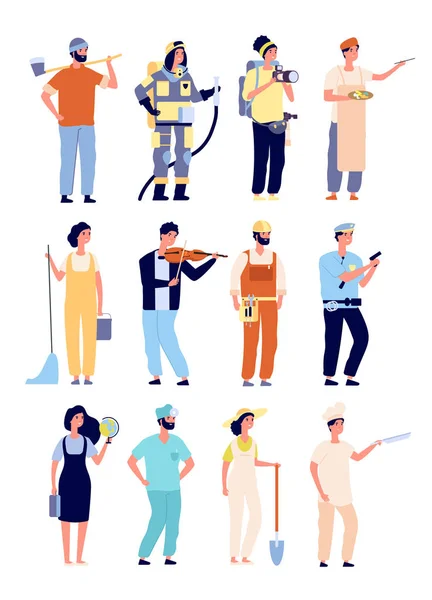 Different professionals. policeman and fireman, cameraman and artist, cleaner and teacher, gardener. People isolated vector characters
