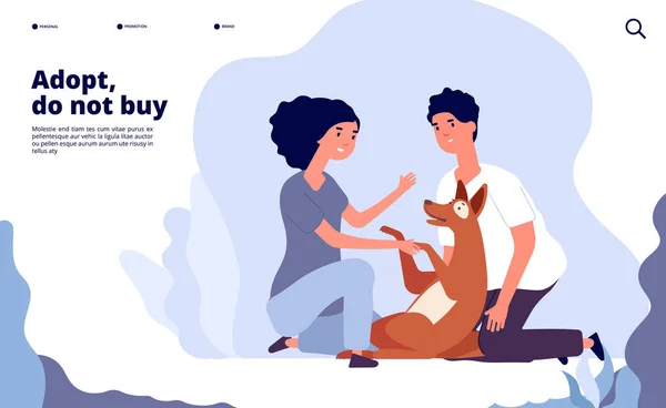 People with pets concept. Happy persons adopt pet with love. Owner hugging puppy vector landing page