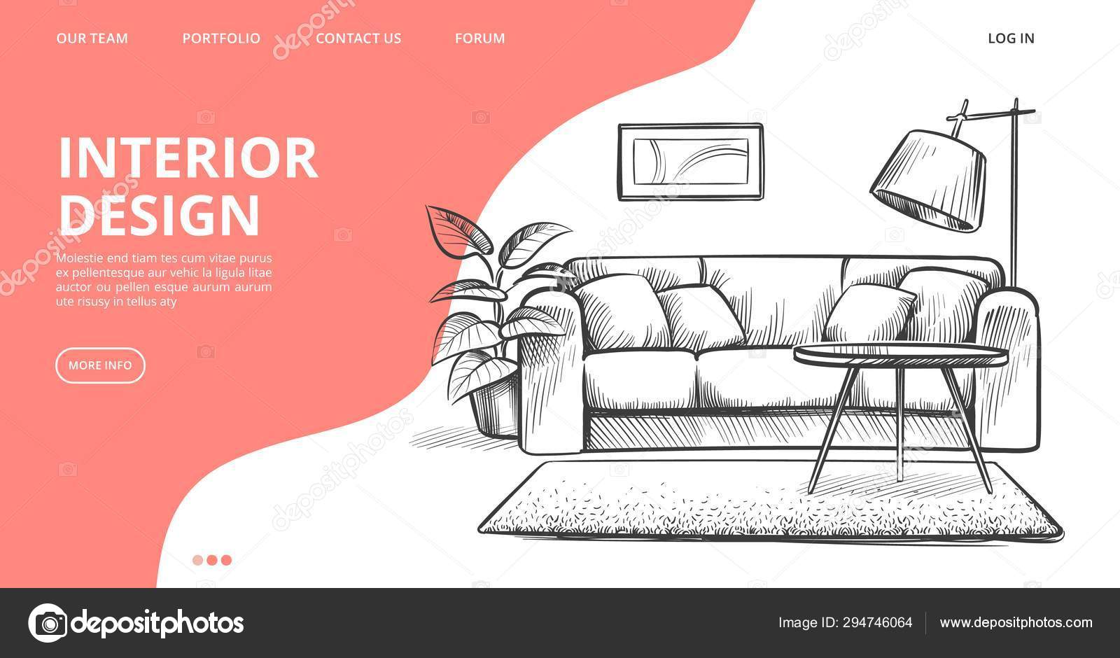 Interior Design Landing Page Vector Sketch Of Living Room Hand Drawn Furniture Vector Image By C Microone Vector Stock 294746064