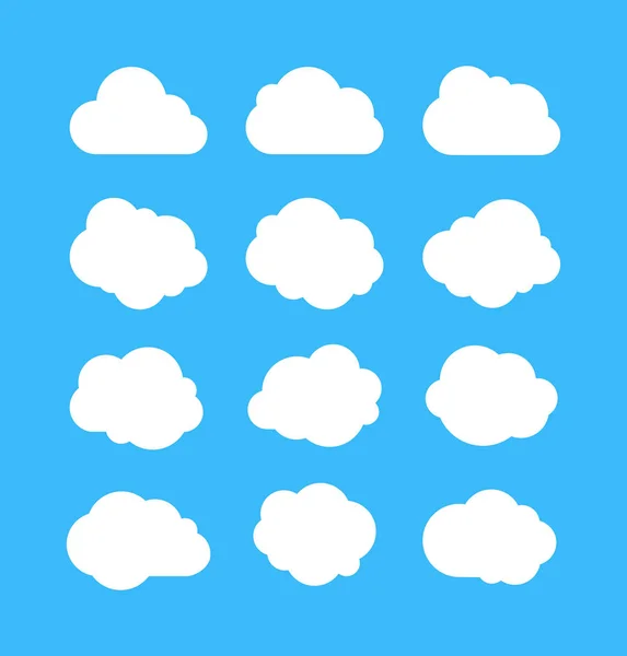 White simple clouds. Thinking bubbles, cloud message shapes. Cumulus isolated on blue background. Cartoon vector set