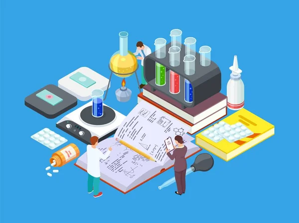 Isometric science lab. Vector medical research concept. Pharmaceutical industry, drug development
