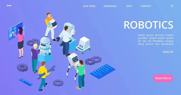 Isometric robotics landing page. People building robots and develop software vector banner