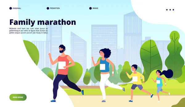 Family marathon. Dad, mom and kids running together in summer city park. Healthy lifestyle, children jogging training vector concept