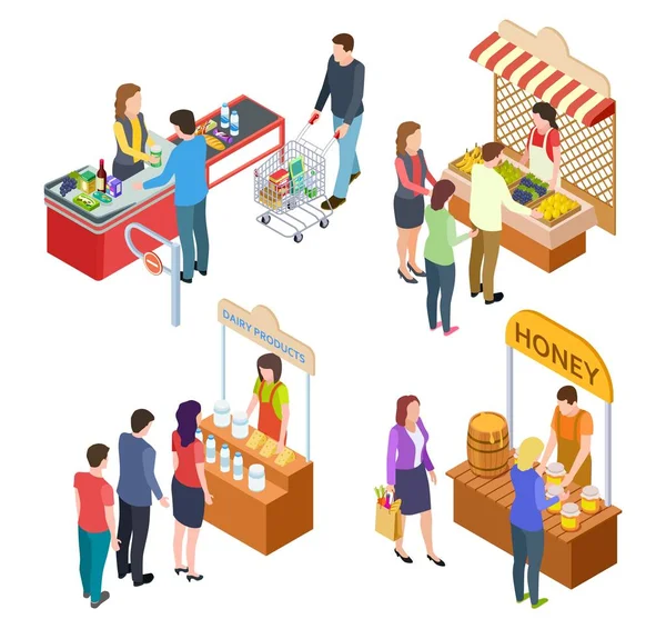 People buy food. Isometric grocery store and farm market. Food queue vector illustration