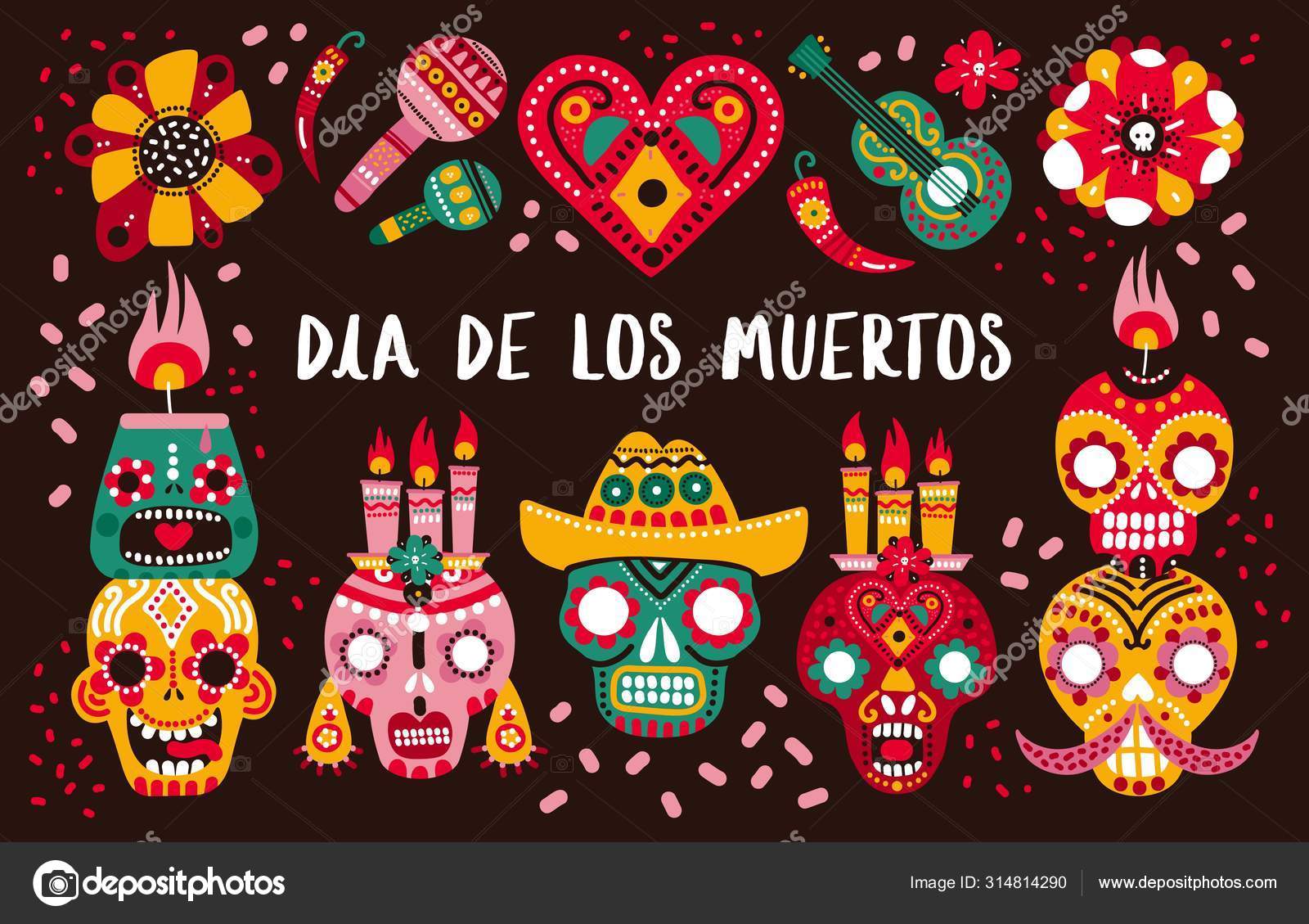 day of dead poster decorative skulls guitar and candles and hot pepper heart and flowers mexican dia de los muertos vector background stock vector c microone 314814290 https depositphotos com 314814290 stock illustration day of dead poster decorative html