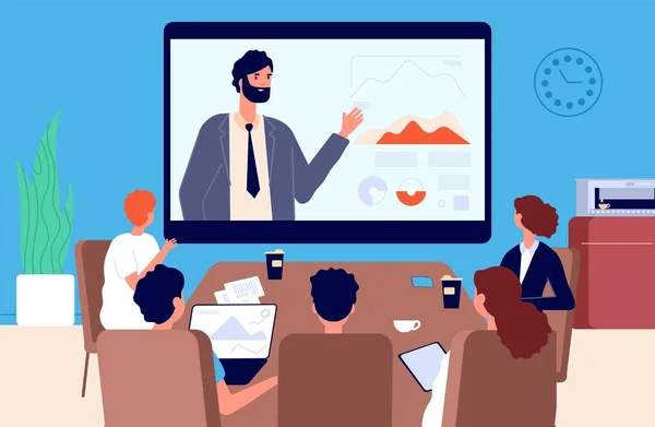 Online conference. Business meeting, communication with superiors or team leader via video. Isolation period, modern digital services for work vector illustration