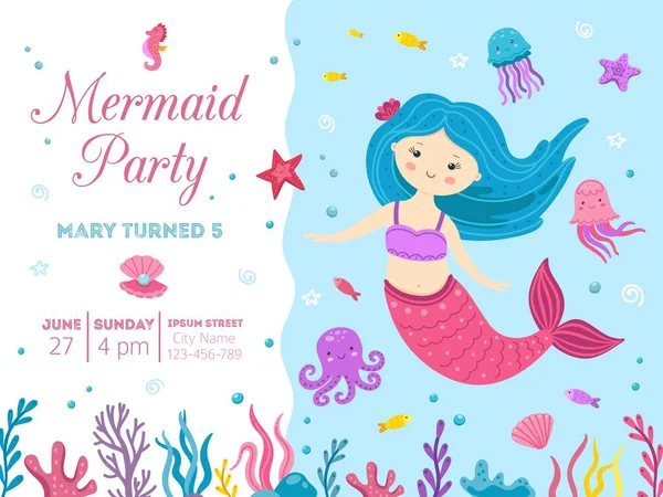 Mermaid party. Cute princess birthday invitation with ocean life. Little girl celebration card, kids baby marine festive vector illustration Royalty Free Stock Illustrations