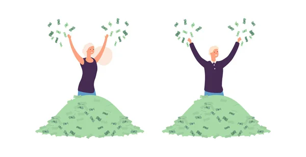 Rich people. Man woman in pile of money. Lucky, isolated characters of business magnates, investors vector illustration