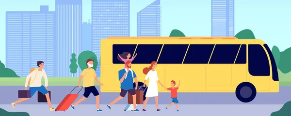 People travel bus. Public transport station, crowd running with suitcases. Tourists group transportation, travel service vector illustration