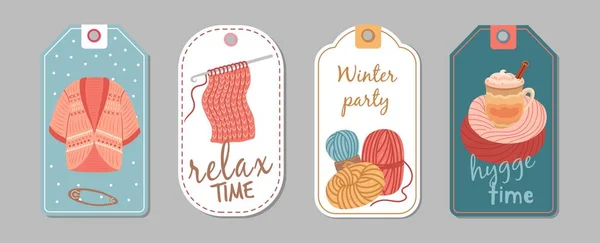 Autumn winter season labels. Knitting hobby, hygge time banners. Wool cardigan, latte or cacao cup vector stickers template