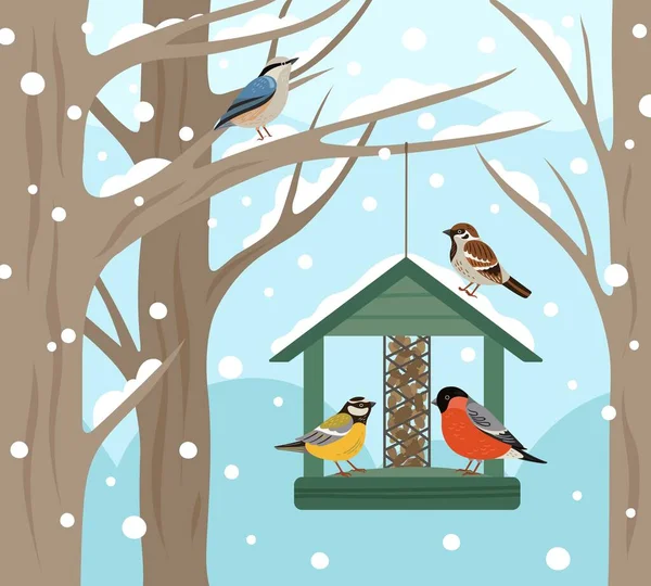 Pemakan musim dingin. Hutan salju, makanan burung di poster pohon. Memberi makan hewan liar di alam, bulfinch datar chickadee robin vector illustration Stok Vektor Bebas Royalti