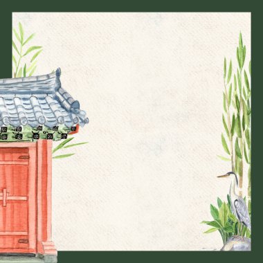 Geleneksel kırmızı kapı, bambu bitkileri ve balıkçıl kuş. Suluboya Asya peyzaj kartı. Mimari detaylara sahip doğulu çerçeve tasarımı, davetiyeler, tebrik kartları, düğün kırtasiyeleri için mükemmel.