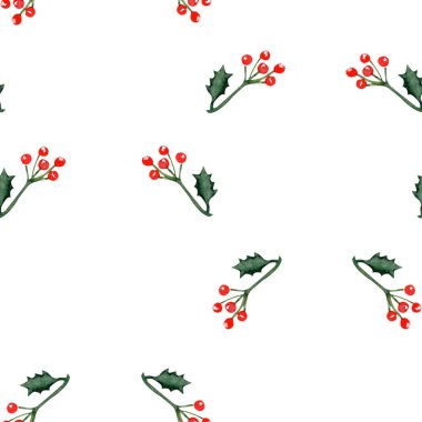 Holly dalları ve kırmızı böğürtlenler beyaz arka planda izole edilmiş. Noel ambalaj kağıdı, kumaş baskısı, festival kartları, dijital tasarım, hatıra defteri ve rahat tatil evi dekorasyonu projeleri için mükemmel..