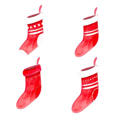 Four red Christmas stockings with white cuffs and decorative patterns Watercolor illustration set isolated on white. Festive holiday clipart, perfect for cards, invitations, decor, wrapping.