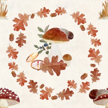Mushrooms, snail, compass, oak leaves, acorns, and berries in rustic autumn wreath on textured paper. Cozy watercolor seamless pattern. Woodland design perfect for seasonal fabric, packaging, nature