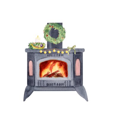 Fireplace decorated with pine branches, wreath, candle, and string lights. Watercolor ideal for Christmas cards, posters, invitations, wrapping paper, scrapbooking, and cozy holiday design. Burning