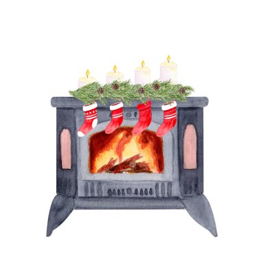 Stove with burning fire, with pine branches, candles, red stockings. Watercolor isolated on white ideal for Christmas cards, posters, invitations, scrapbooking, and cozy holiday design. Festive