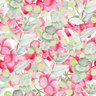 Eucalyptus, pink geranium on a white background. Seamless watercolor pattern. Hand-painted design perfect for textile, gift wrapping, wedding invitations, packaging, stationery, spring-summer decor.