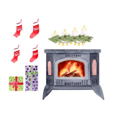 Burning fireplace, festive stockings, wrapped gifts, candles with pine garland holiday decor watercolor Christmas set. Ideal for greeting cards, posters, invitations, wrapping, seasonal designs.