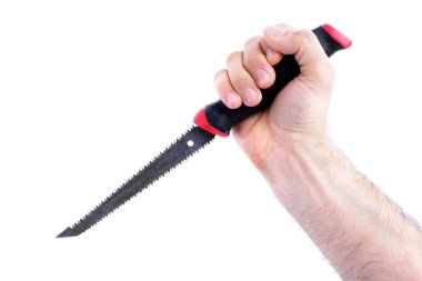 Beyaz arka plan yakın çekim izole siyah ve kırmızı saplı adamın elini tutun eski gördüm