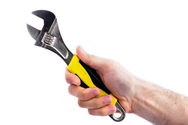 Man Hand Hold Adjustable Wrench Yellow Handle Isolated White Background — Stock Photo, Image