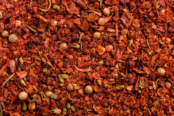 Olika Kryddor Blandning Paprika Ärtor Söt Röd Paprika Pulver Bakgrund — Stockfoto