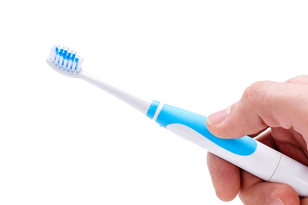 White Blue Electric Toothbrush Hand Isolated White Background — Stock Photo, Image