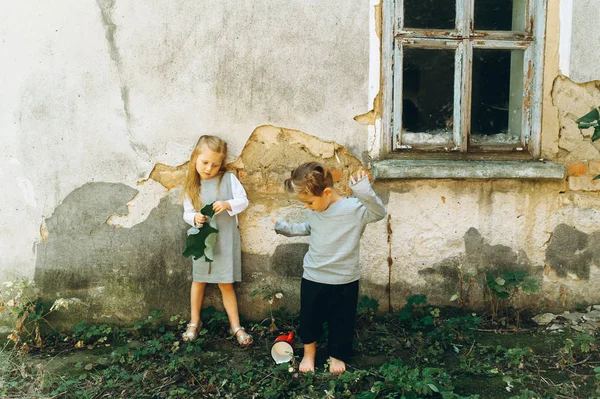 Duas Crianças Bonitos Brincando Juntos Livre — Fotografia de Stock